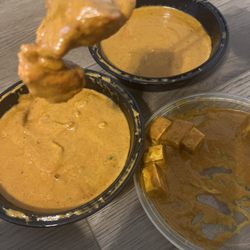 Chewy Chicken hanging by fat. Chicken Tikka Masala. Paneer Makhni. Too much sauce, not much cheese.