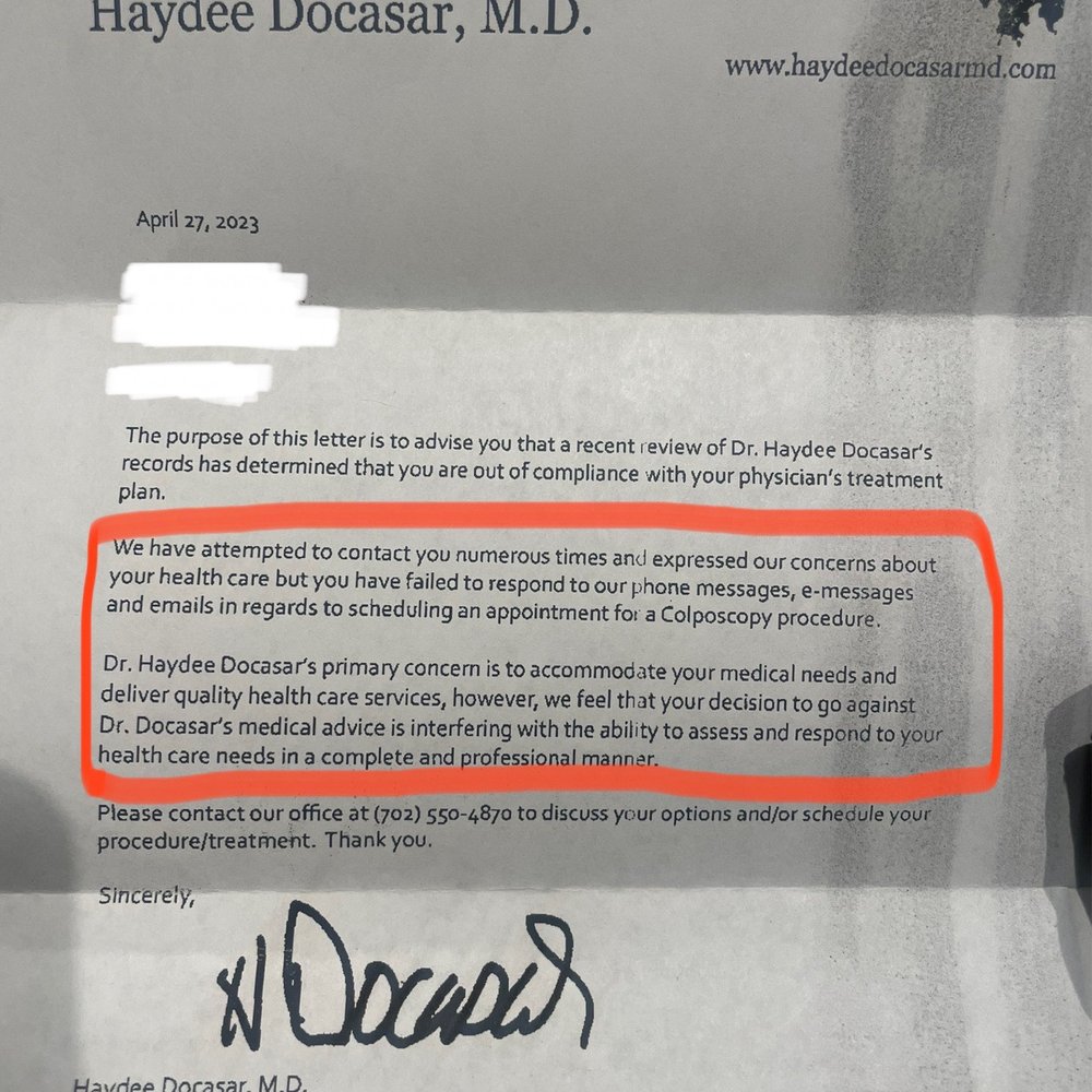 Haydee Docasar, MD - WCE Specialty - Letter accusing me of going against medical advice that I never got - Weight Loss Centers Near Me - Las Vegas, Nevada Haydee Docasar, MD - WCE Specialty - Letter accusing me of going against medical advice that I never got - Weight Loss Centers Near Me - Las Vegas, Nevada