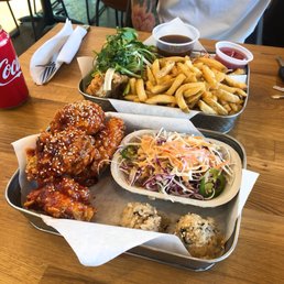 sweet & spicy chicken, green onion/cilantro chicken, spicy coleslaw, fries, rice balls