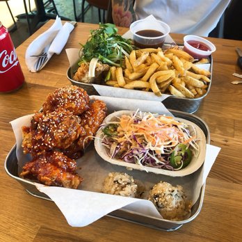 K Town Fried Chicken - sweet & spicy chicken, green onion/cilantro chicken, spicy coleslaw, fries, rice balls - Korean Near Me - Calgary, Alberta