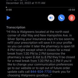 Voicemail from Walgreens on 12/22/22 Voicemail from Walgreens on 12/22/22