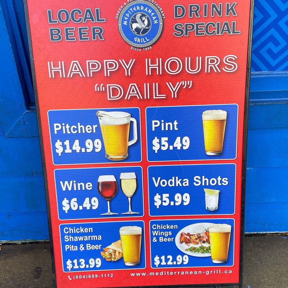 Mediterranean Grill - Drink offerings as well as some happy hour specials. - Greek Near Me - Vancouver, British Columbia Mediterranean Grill - Drink offerings as well as some happy hour specials. - Greek Near Me - Vancouver, British Columbia