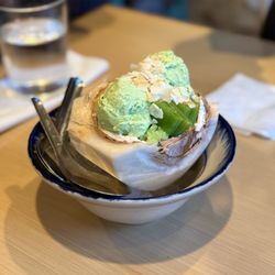 Banh - Xôi Kem Dừa - coconut ice cream with pandan sticky rice, served in a coconut