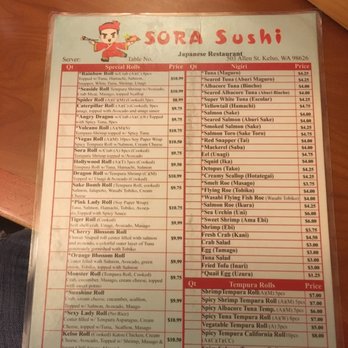 Sora Sushi - Menu side 1 - Sushi Bars Near Me - Kelso, Washington Sora Sushi - Menu side 1 - Sushi Bars Near Me - Kelso, Washington