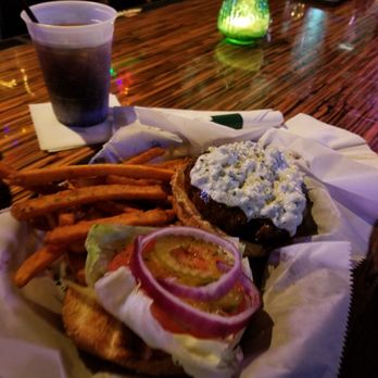 Copper Monkey Grill - Blue cheese burger with sweet potato fries - Dive Bars Near Me - New Orleans, Louisiana Copper Monkey Grill - Blue cheese burger with sweet potato fries - Dive Bars Near Me - New Orleans, Louisiana