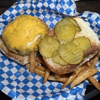 Black Diamond Oyster Bar - Burger with American cheese and pickles. Side of fries. - Seafood Near Me - Corpus Christi, Texas Black Diamond Oyster Bar - Burger with American cheese and pickles. Side of fries. - Seafood Near Me - Corpus Christi, Texas