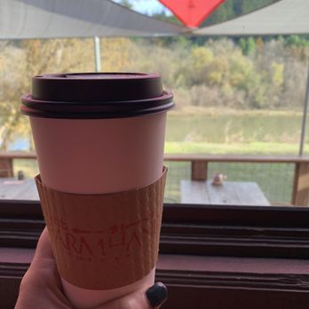 The Farmhand - Enjoying a large oat milk chai with a cozy view from the back patio room- it's easy to keep warm even in December! - Delis Near Me - Guerneville, California