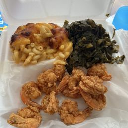 Fried Shrimp Combo with collard greens  and Trap Mac & Cheese