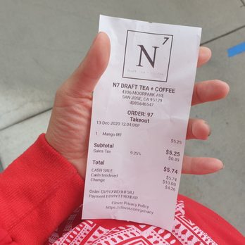 N7 Draft Tea + Coffee - Today's receipt - Coffee & Tea Near Me - San Jose, California N7 Draft Tea + Coffee - Today's receipt - Coffee & Tea Near Me - San Jose, California