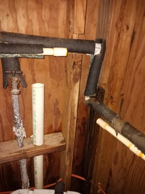 Burst Pipe - Removal of burst pipe and replaced with new pipe, elbows, connections and Insulation installed. Burst Pipe - Removal of burst pipe and replaced with new pipe, elbows, connections and Insulation installed.