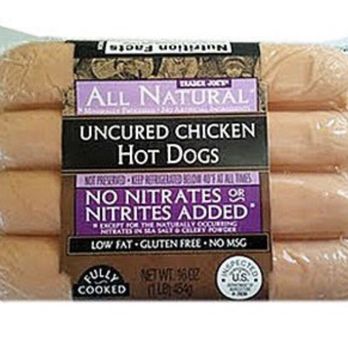 Trader Joe's - Uncured Chicken Hot Dogs are made of boneless, skinless chicken breasts and thighs meat. 60 calories! - Grocery Near Me - Oakland, California