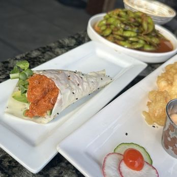 Oku - Firecracker Rock Shrimp, Edamame, spicy salmon with soy paper - Sushi Bars Near Me - Santa Barbara, California