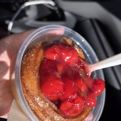 Los Churritos - This Hot handmade churro dish with hot cherry sauce also came with vanilla ice cream ` ate it and tried the hot apple pie one ~ So good