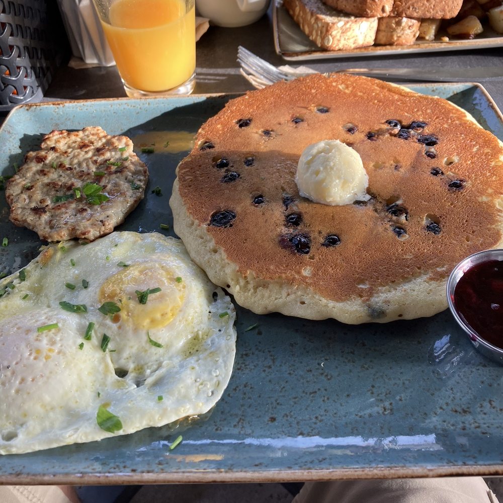 First Watch - The trifecta hit the spot - this variation included a chicken sausage patty and a delicious blueberry pancake. - Breakfast & Brunch Near Me - Phoenix, Arizona