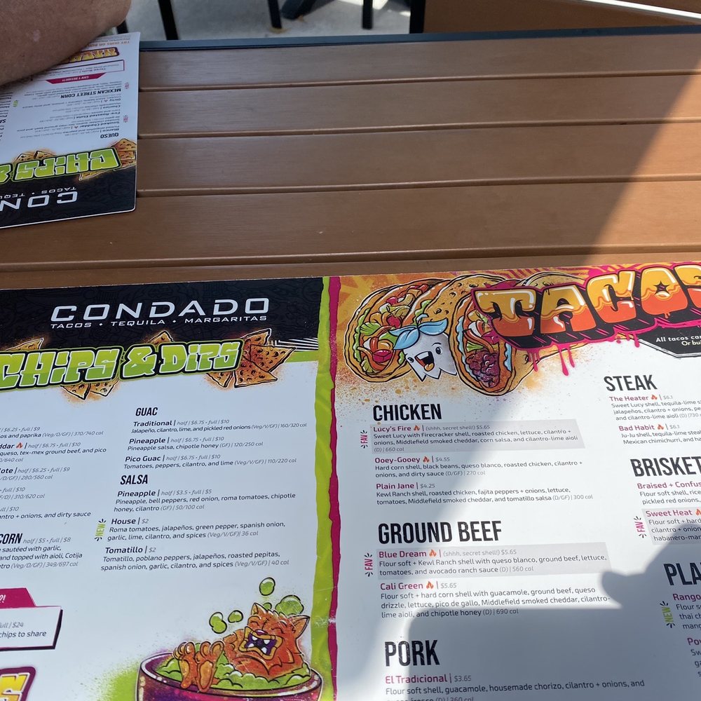 Condado Tacos - Menu half sun half shade - Tacos Near Me - Carmel, Indiana