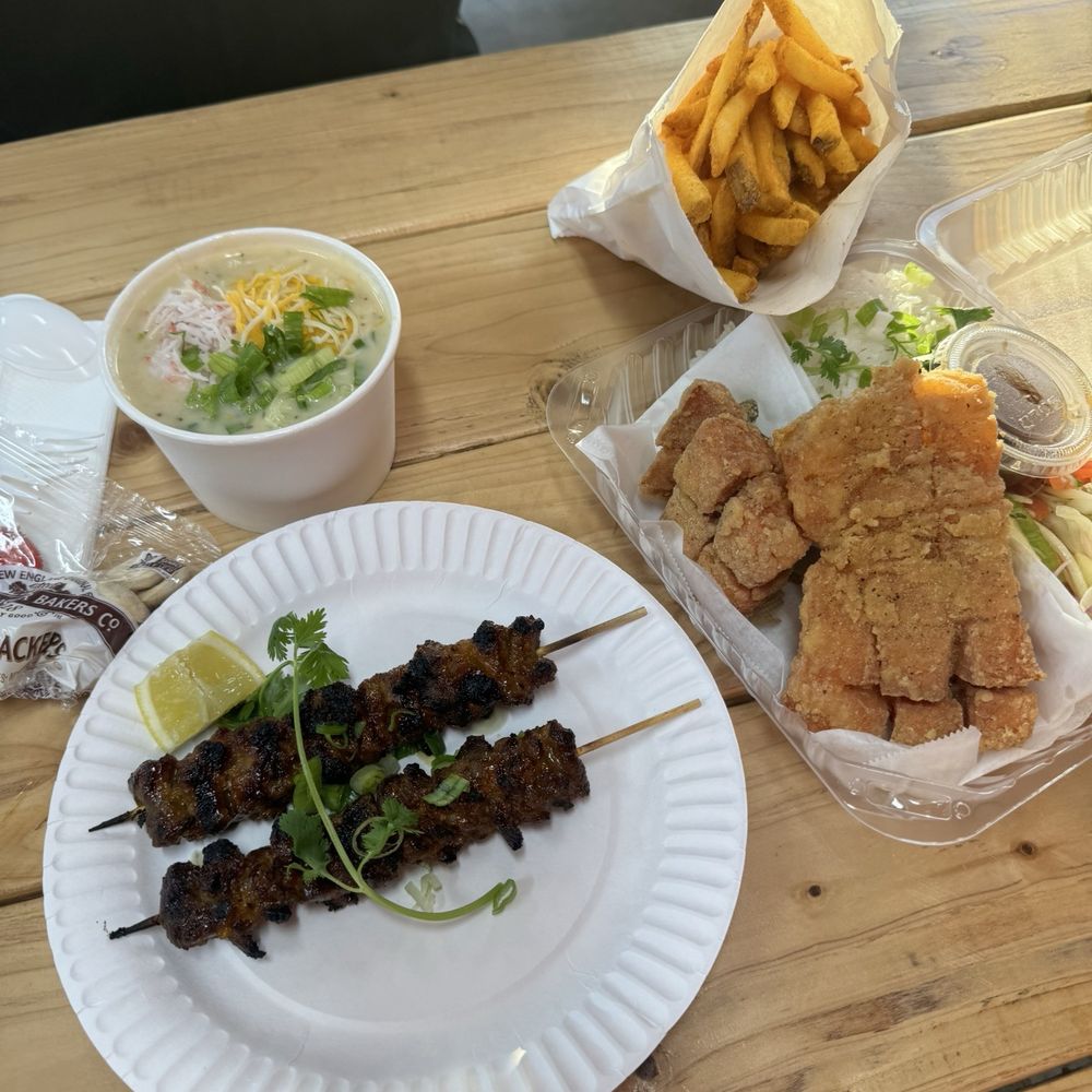 Crispy Salmon, extra beef sticks, Seafood Chowder, french fries Crispy Salmon, extra beef sticks, Seafood Chowder, french fries