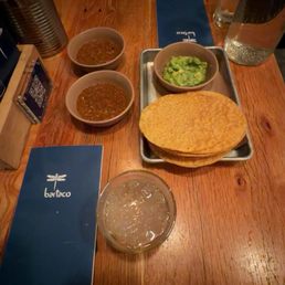 guacamole + chips (not spicy) & salsa roja + chips guacamole + chips (not spicy) & salsa roja + chips