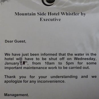 Mountainside Lodge - 2nd consecutive day of water shut off - Resorts Near Me - Whistler, British Columbia Mountainside Lodge - 2nd consecutive day of water shut off - Resorts Near Me - Whistler, British Columbia