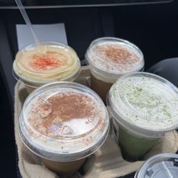 Orange cream matcha, sea salt coffee latte, and sea salt matcha