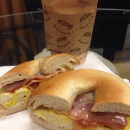 Breakfast sandwich and chai latte Breakfast sandwich and chai latte