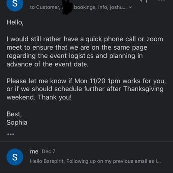 Barspirit Premier Bartending Service - requested to schedule a call, they repeated keeping convo on email. Didnt hear back again until Dec 11. - Bartenders Near Me - Los Angeles, California Barspirit Premier Bartending Service - requested to schedule a call, they repeated keeping convo on email. Didnt hear back again until Dec 11. - Bartenders Near Me - Los Angeles, California