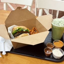 Oasis Burger Combo, Sweet Potato Fries, Iced Matcha Tea, Red Pepper Sauce, Vegan Aioli Oasis Burger Combo, Sweet Potato Fries, Iced Matcha Tea, Red Pepper Sauce, Vegan Aioli