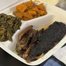 Jerk Turkey Wings mild, collards and Sweet potatoes