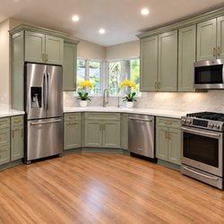 Pacific Kitchens Inc - Perfect Touch Reed Green cabinet refacing in Thermofoil featuring beveled shaker doors, 5-piece drawer fronts, pullouts & new countertops.