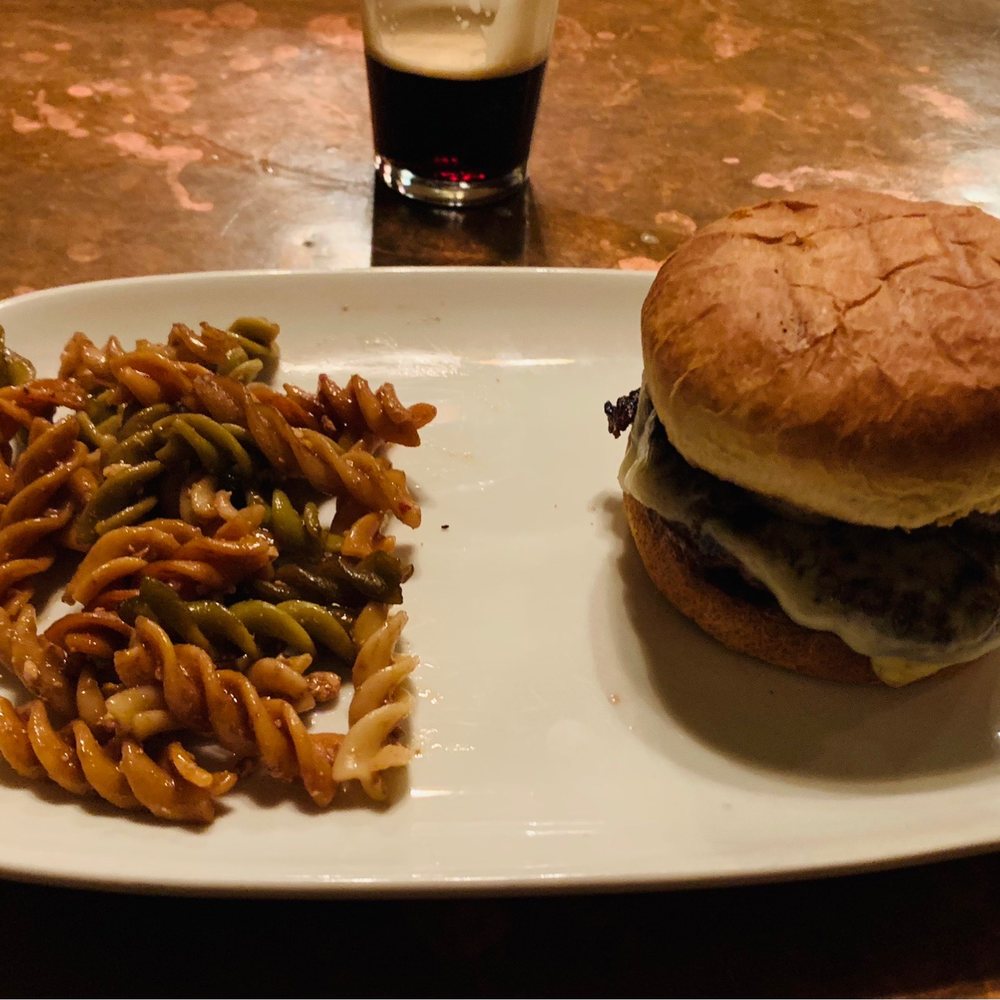 Mushroom Swiss Burger and pasta salad Mushroom Swiss Burger and pasta salad
