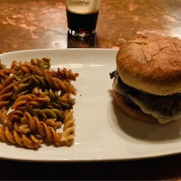 Mushroom Swiss Burger and pasta salad