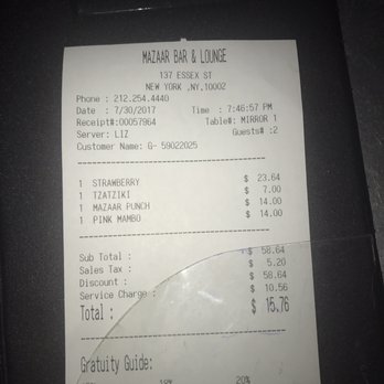 Mazaar Lounge - A surprise service charge, tax with our purchase of a $29 Groupon special. Read my review ! - Lounges Near Me - New York, New York