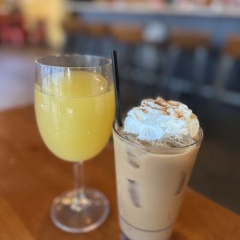 Ruby Sunshine Knoxville - Pineapple Mimosa ( so large.....SO GOOD!!).   French Truck Coffee with whip and nutmeg sprinkled.  amazing!!!! - Breakfast & Brunch Near Me - Knoxville, Tennessee