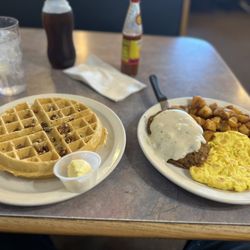 Indy's Family Restaurant - Pecan waffle and country fried steak and eggs with hash browns