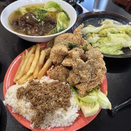 Beef noodle soup Garlic lettuce Popcorn chicken with minced pork over rice