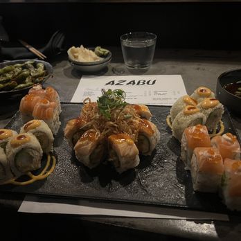 Azabu  - The King Roll, Philadelphia, & Crunchy Roll. Spicy Garlic Edamame & Wagyu Dumplings. - Japanese Near Me - Whittier, California