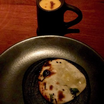 Indian Accent - Naan with Bree cheese and pumpkin and cocunut milk curry. Complimentary - Indian Near Me - London, XGL
