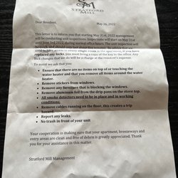 Stratford Mill Apartments - I have a dog and we work. We can't pen our dog for 4 straight days. We reached out to them and they refused to give us a set time.