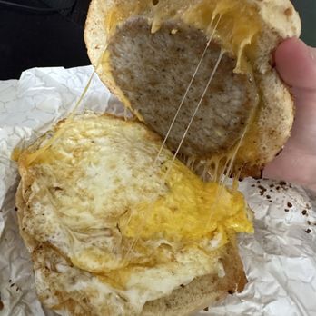 Wurtz strasse bagel san - Sausage, egg and cheese on a garlic bagel - Food Trucks Near Me Wurtz strasse bagel san - Sausage, egg and cheese on a garlic bagel - Food Trucks Near Me