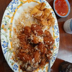 Dragon Chinese Kitchen - Sweet n Sour Chicken with sesame seeds. Crab puffs and rice. Coming here over 10 years I believe.