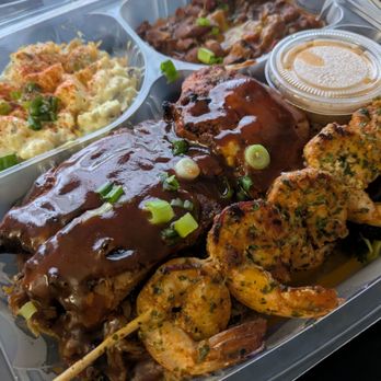 Bone Appetit Bar-b-que grill - 3 Meat, Shrimp Skewer, 2 Ribs, BBQ Chicken with Potato Salad and BBQ Beans~ - Barbeque Near Me - Sparks, Nevada