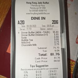 Hong Kong Jade Buffet - Receipt for inedible and mediocre food.
