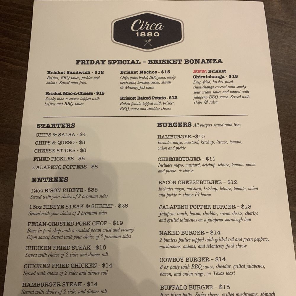 Circa 1880 - Menu 6-28-24 - American Near Me - Baird, Texas