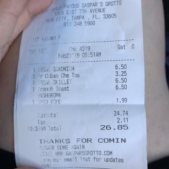 Gaspar's Grotto - Our receipt - Bars Near Me - Tampa, Florida