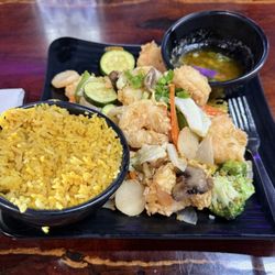 Julissa's plate of fried shrimp on fried rice that she had custom made for me