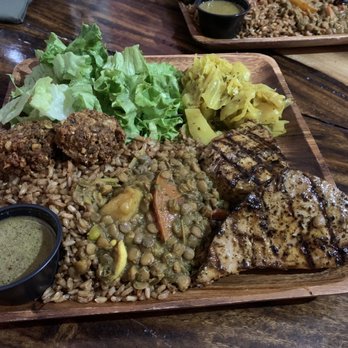 Ital In Paradise - Grilled tuna fish plate, lentils, lentil balls, brown rice, salad, curry cabbage. - Caribbean Near Me - Christiansted, Virgin Islands