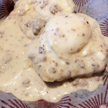 Cabin 82 - Biscuits & Gravy (Sausage Gravy w/ Poached Egg)- I got mine in a To-Go container because I wasn't sure if I had time to dine in or not. - Cafes Near Me - Oxford, Mississippi