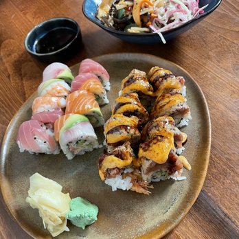 Toro - Top: Ika Sansai salad Left: classic rainbow roll right: seared Carmel roll - Sushi Bars Near Me - Carmel, California Toro - Top: Ika Sansai salad Left: classic rainbow roll right: seared Carmel roll - Sushi Bars Near Me - Carmel, California