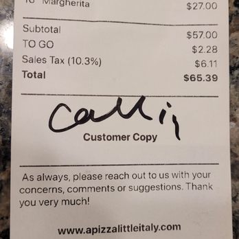 APizza Little Italy - Receipt showing actual price of pizzas, which is higher than the listed menu prices. - Pizza Near Me - Tacoma, Washington