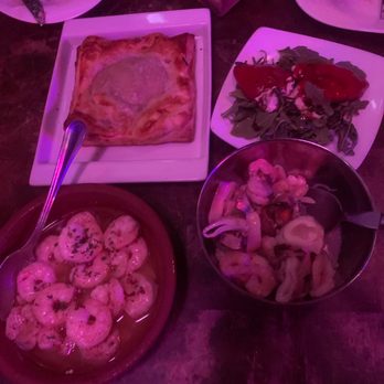 Estragon - Salpicon de Mariscos (bottom right), Gambas Al Ajillo (bottom left), Empanada de Cordero (top left), Piquillos Rellenos (top right) - Tapas Bars Near Me - Boston, Massachusetts