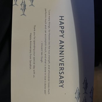 Sandfish - Happy anniversary card; nice touch - Sushi Bars Near Me - Palm Springs, California Sandfish - Happy anniversary card; nice touch - Sushi Bars Near Me - Palm Springs, California